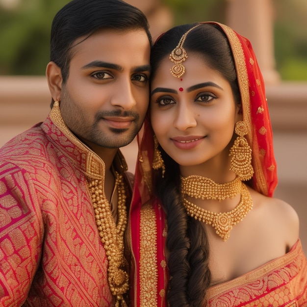 A couple in traditional attire with gold jewelry on their faces.