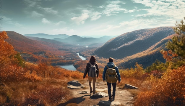 秋の山の小道にバックパックを背負った旅行者のカップルが立っています。