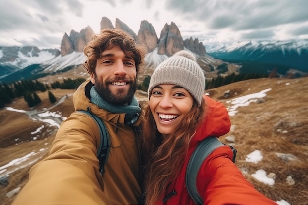 ジェネレーティブ AI で作られた山の美しい目的地を一緒に旅行するカップル