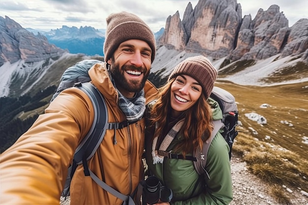 Coppia che viaggia insieme in una bellissima destinazione in montagna realizzata con l'ia generativa