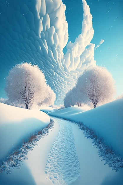 Foto coppia di alberi che sono nella neve ai generativa