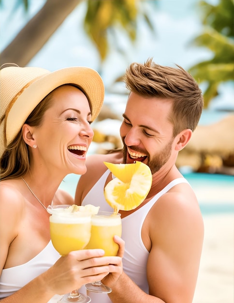 Couple on a tropical beach with a drink