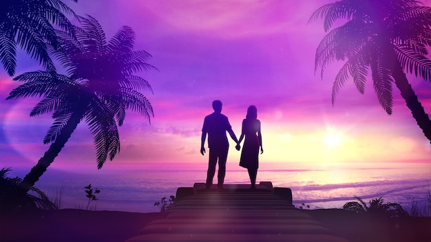 Couple on the tropical sunset background