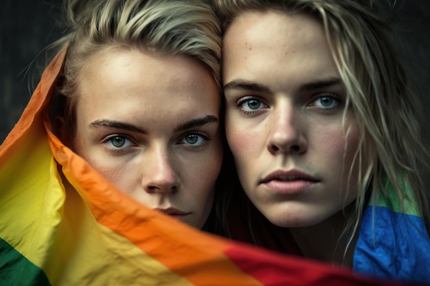 Couple of two blonde girls lesbian girlfriends embracing near gay pride flag