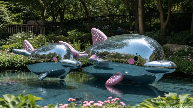 A couple of two shiny dolphins are sitting in a pond ai