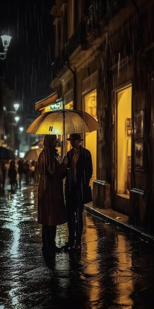 A couple under an umbrella in the rain