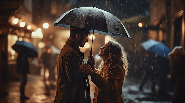 A couple under an umbrella in the rain