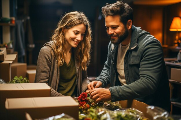 Photo a couple unpacking furniture and opening boxes in their new home after moving generative ai