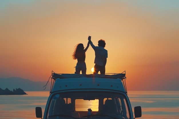 couple up dancing on a camper van at sunset in the style of pop insporoad travel