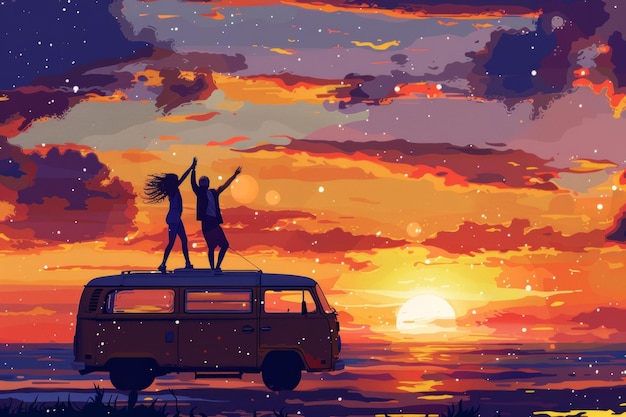 couple up dancing on a camper van at sunset in the style of pop insporoad travel