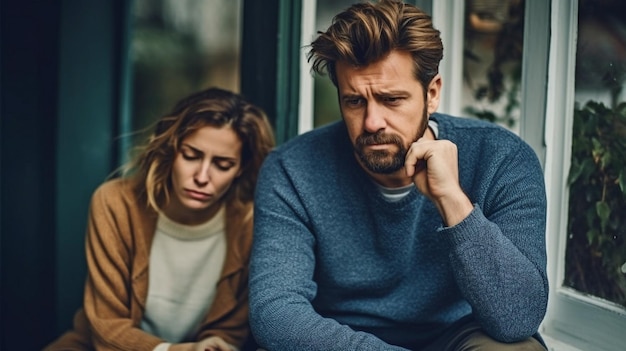 Photo couple upset and angry at each other are sitting back to back with their hands on their heads and are not speaking after a disagreement according to generative ai