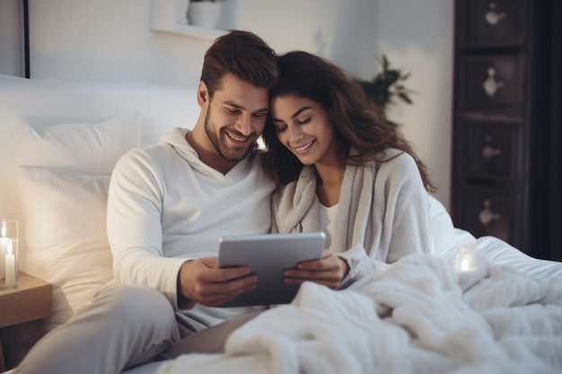 Пара с помощью цифрового планшета в спальне