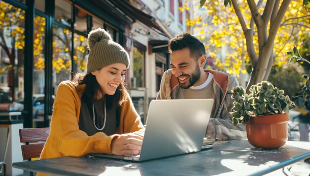 Photo couple using laptop at table