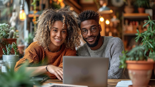 Photo couple using laptop in workplace