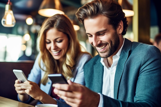 Couple using a smart phone in a cafe