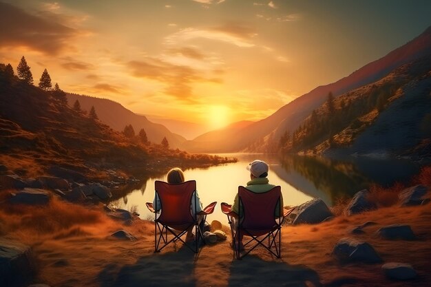 Couple on vacation in the mountains admiring the sunset Neural network AI generated