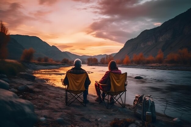 Couple on vacation in the mountains admiring the sunset Neural network AI generated