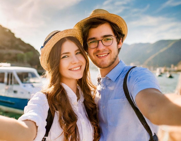 couple on vacation portrait make phone selfie during vacation vanlife