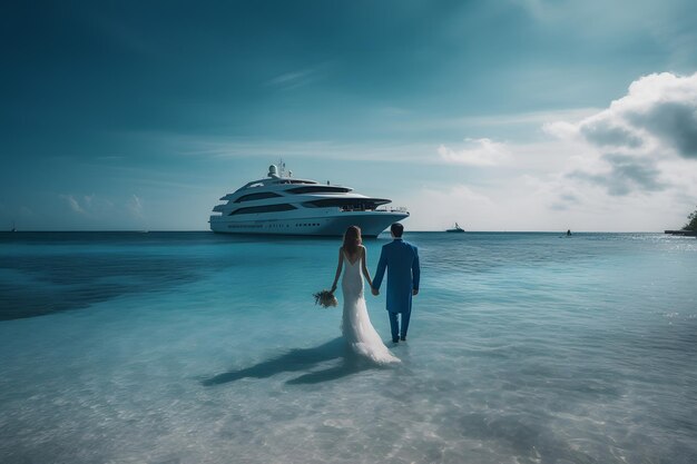 Couple on vacation with a cruise ship neural network ai generated