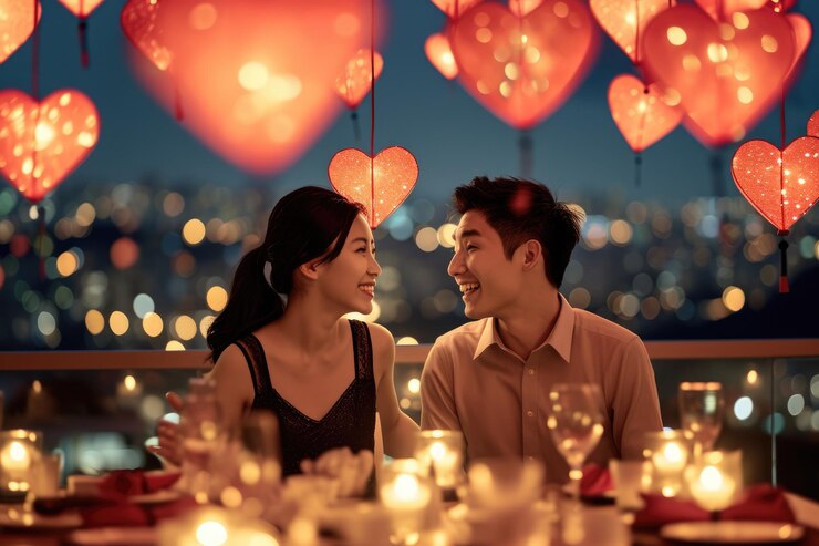 Photo 발렌타인 데이의 커플 밤은 로맨틱한 레스토랑에서 사랑을 축하하는 프라그마