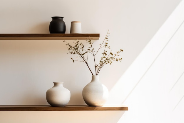 A couple of vases sitting on top of a wooden shelf surrounded by books