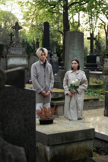 Photo couple visiting a grave together at the cemetery