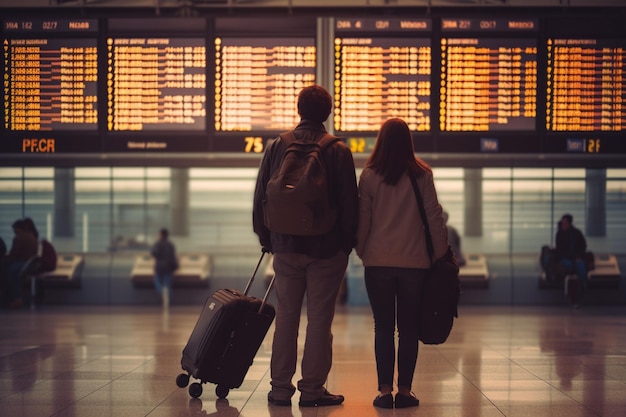 A couple waiting for a flight at an airport