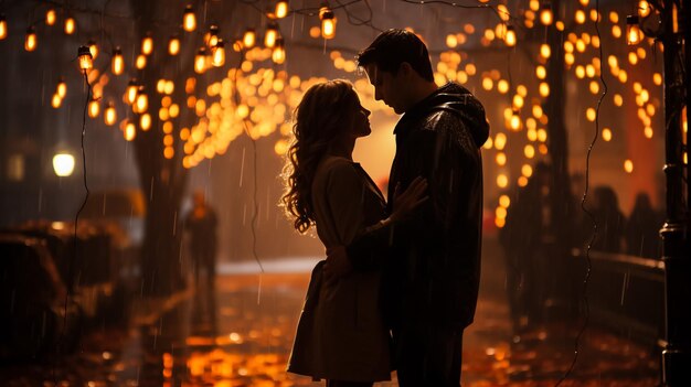 Couple walking at alley in night lights