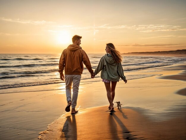 Couple walking along the coastRomantic trip