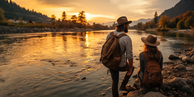 couple walking along the lake Generative AI