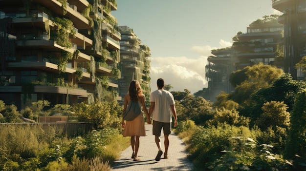 A couple walking along a path in a sustainable urban community Generative AI