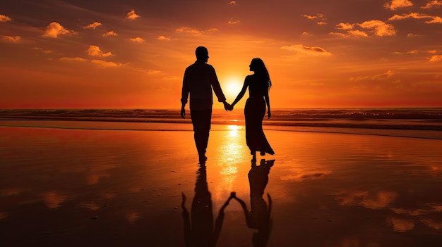 Couple walking on beach silhouette