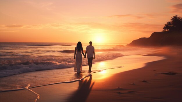 Couple walking on the beach at sunset ai