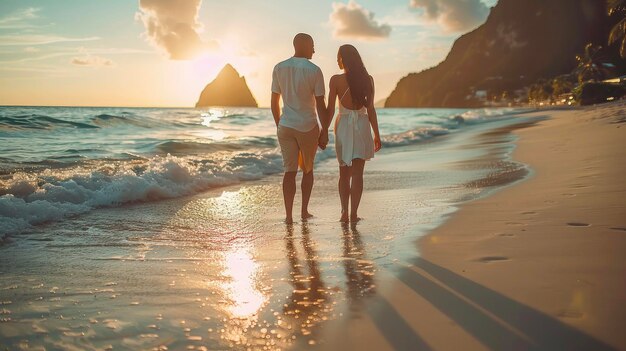 Photo couple walking on beach at sunset