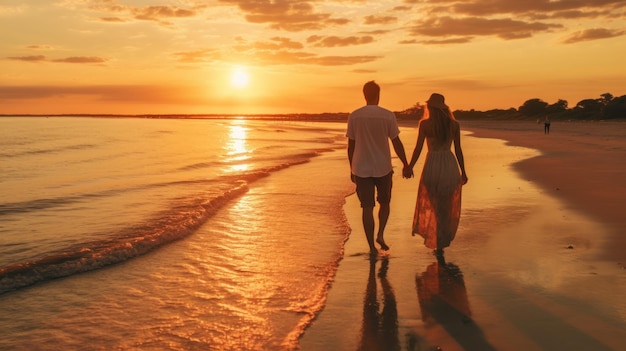 Couple walking on the beach at sunset