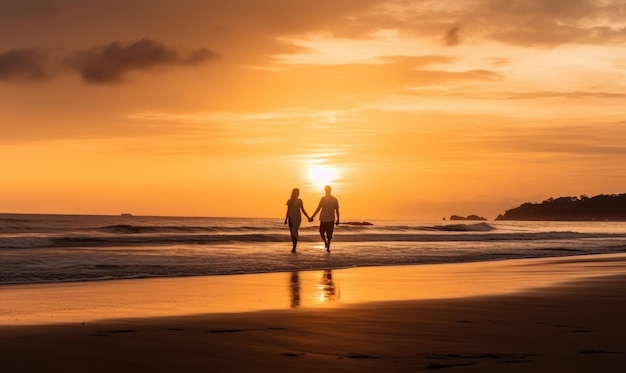 A couple walking on the beach at sunset