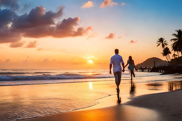 夕暮れ時のビーチの上を歩くカップル