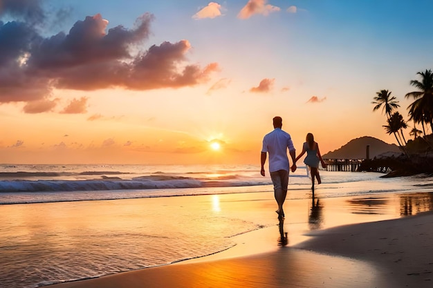 Couple walking on the beach at sunset