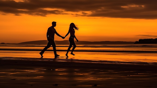 A couple walking on a beach at sunset