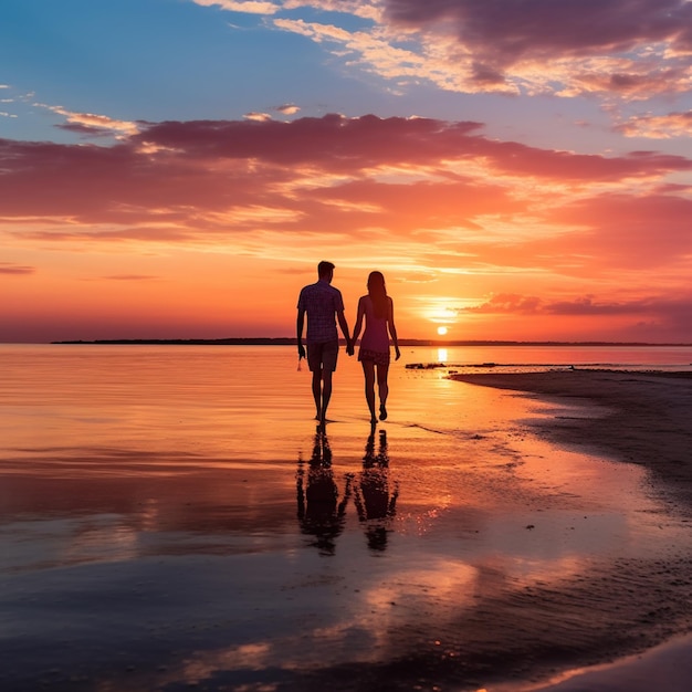 Пара гуляет по пляжу на закате