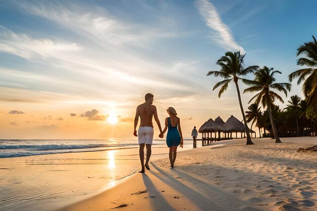 Couple walking on the beach at sunset