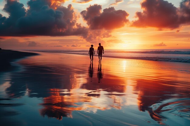 Foto una coppia che cammina sulla spiaggia al tramonto