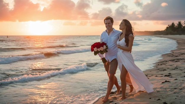 Couple walking on the beach with a bouquet of roses at sunset