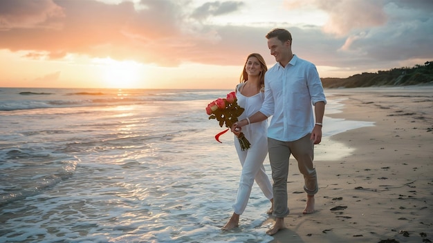 Couple walking on the beach with a bouquet of roses at sunset