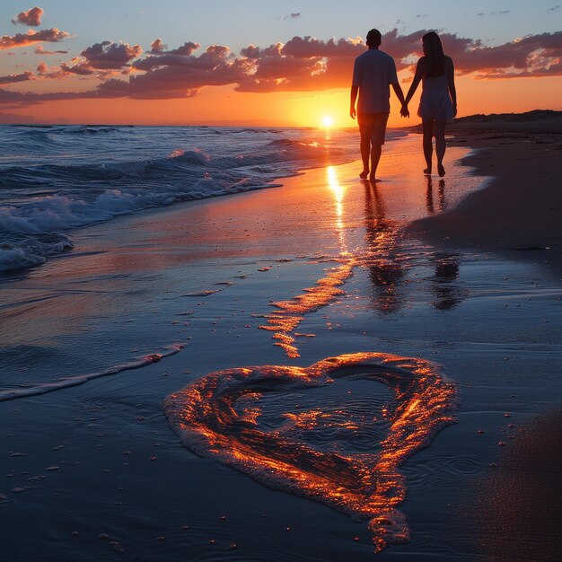 a couple walking on the beach with a heart drawn on the sand