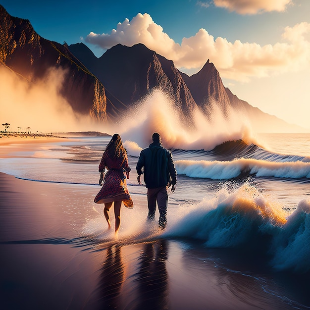 Foto una coppia che cammina sulla spiaggia con le montagne sullo sfondo.