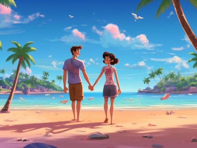 A couple walking on a beach with palm trees in the background.