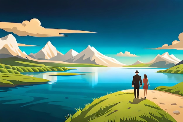 A couple walking by a lake with mountains in the background.