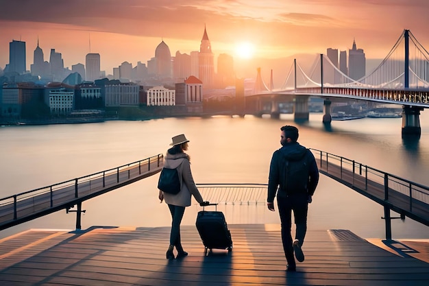 A couple walking down a dock with a city in the background