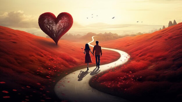 Couple walking down a heartshaped path AI generated illustration